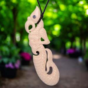 Large Bone Pendants: Bone XL Manaia with Pāua Pendant