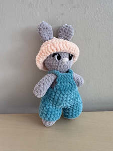 Crochet Plushies And Stuffed Animals: Hand Crocheted Bunny Green Overalls.