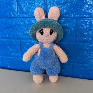 Hand Crocheted Bunny Cream with Blue Overalls
