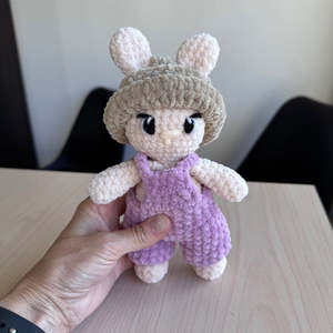 Crochet Plushies And Stuffed Animals: Hand Crocheted Bunny lilac overalls