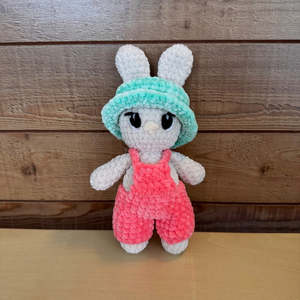 Crochet Plushies And Stuffed Animals: Hand Crocheted Bunny pink overalls