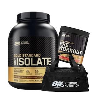 Optimum Nutrition: ON Gold Isolate 5lb + Gold pre 30sv + Gym Bag Stack