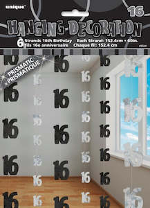 16th Birthday Gift Collection: Glitz Black & Silver Hanging Swirl Decoration - 16