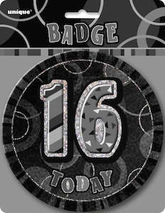 16th Birthday Gift Collection: Glitz Black & Silver Birthday Badge - 16