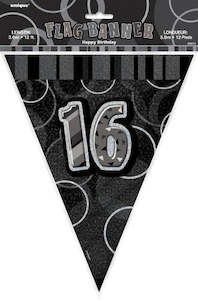 16th Birthday Gift Collection: Glitz Black & Silver Birthday Flag Banner - 16