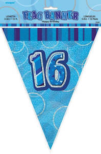 16th Birthday Gift Collection: Glitz Blue Birthday Flag Banner - 16