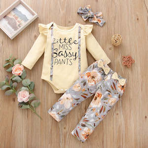 Frontpage: Baby Girl Ruffled Long-sleeve Romper, Pants and Headband 3-piece set