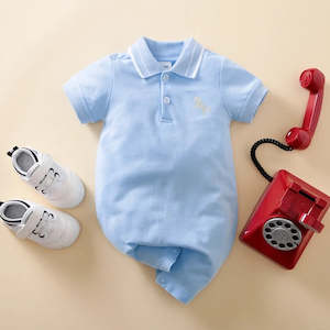 Baby Boy: Light Blue Embroidery Lapel Collar Short-sleeve Baby Jumpsuit