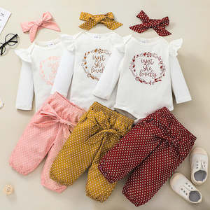 Sets: Baby Girl Ruffled Bodysuit and Polka Dots Pants with Headband 3-piece Set