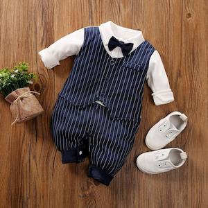 X Mas Sale: Baby Boy  Gentleman Bow tie Striped Jumpsuit 100% Cotton