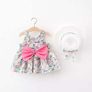 2pcs Floral Print pink Bowknot Sleeveless Baby Dress & Hat