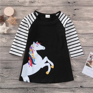 100% Cotton Striped Unicorn Print Long-sleeve Dress