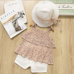 Girls: 3pcs Kids Girl Floral Print Sleeveless Top Pant and Hat