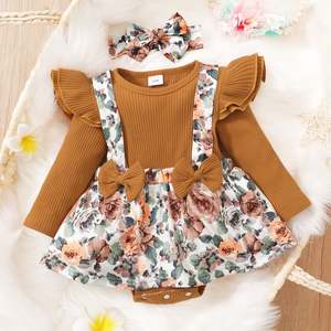 Girls: Baby Girl  Ribbed Romper and Floral Print Bowknot Suspender Skirt Set