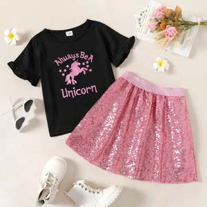 Girls: 2-piece Girls Unicorn Print Short-sleeve Tee and Sequined Skirt Set
