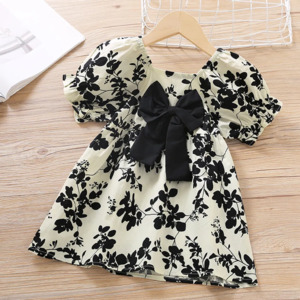 Girls: Toddler Girl Leaf Print Bowknot Decor Ruffled Short-sleeve Dress