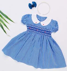 Girls: Girls Blue Check Smocked Dress