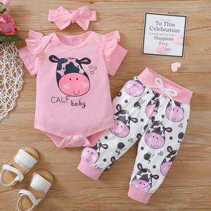Baby Girl: 3pcs Baby Calf Print Romper Set and head band