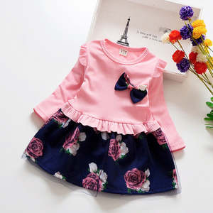 Baby Girl: Long-sleeve two colour Rose print  baby girl dress