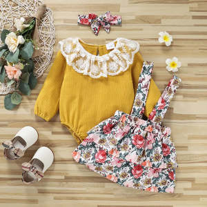 Baby Girl: Baby Girl Long-sleeve Romper and Floral Print Layered Suspender Skirt 3pcs Set