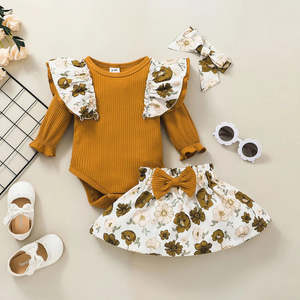 Long-sleeve Ruffle Ribbed Baby Romper and Floral Print Mini Skirt 3pcs Set