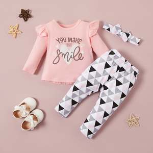 Baby Girl: 3-piece Letter Print Long-sleeve Top and Geo Print Pants Set