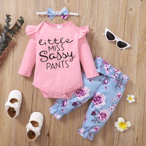 Baby Girl: 3pcs Baby Cotton Romper and Floral Print Trousers Set