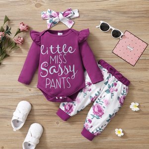 Sets: 3pcs Letter and Floral Print  Long-sleeve Baby Romper Set