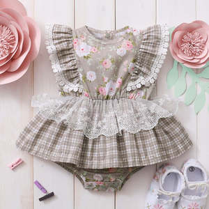Romper: 100% Cotton Baby Girl Lace Flutter-sleeve Dress Romper