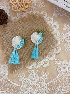 Micro Crochet Blue Tassel Hat Earrings