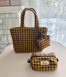 Mini tote + tiny tote keychain + small box pouch set (Mustard/Dark raisin)