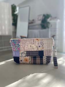 Patchwork Pouch Bag – Navy, Check & Natural Tones with Vintage Lace