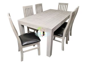 Amanda# NZ Pine White Wash White Wash Dining Suite | 1.8M Table&6 Chairs