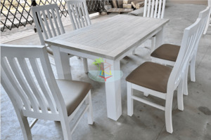 Ashland# Acacia White&Wood Ash Top Dining Suite | 1.8M Table&6 Chairs | LS