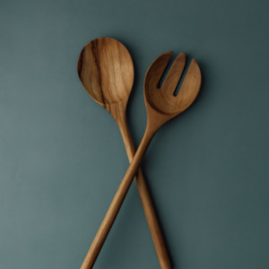 Large Handcrafted Teak Salad Server Set (30cm)