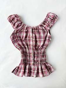 Tops: 00’s Pink plaid milkmaid top | Size 10-12