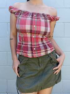 00’s Pink milkmaid plaid top | Size 10-12