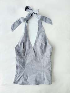 Cinched Shirts: 00’s Powder blue plaid halter top | Size 8-10