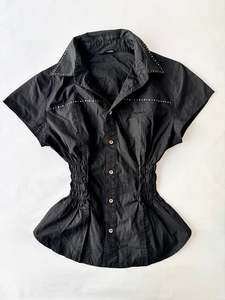 00’s Rhinestone black cinched shirt | Size 12