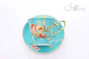 Coffee Cup And Saucer Set: Butterflies in Love with Flowers Blue Teacup & Saucer
