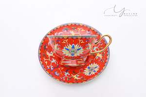Coffee Cup And Saucer Set: Traditional Chinese Ancient Imperial Red Famille-rose Teacup & Saucer