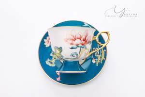 Coffee Cup And Saucer Set: Flowers Bloom In Prosperity Dark Blue Cup & Saucer