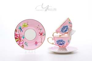 Sets For Two: Hollowed-out Base Floral and Bird Pink Teacups & Saucers For Two