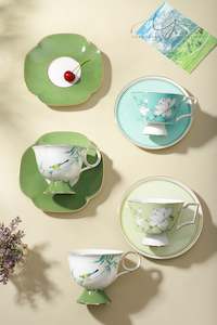 Sets For Two: Green and Blue Magnolia Teacups & Saucers for Two