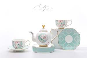 Tea Sets: Jade Fan Lotus Flowers Tea Sets with 6 Pieces