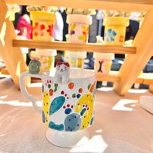 Handmade Cactus Mug with Cat Spoon