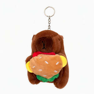 Clothes Accesories: Capybara Plush Keychain with Hamburger– Fluffy Kawaii Charm