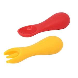 Marcus & Marcus Silicone Palm Grasp Spoon & Fork Set Red & Yellow
