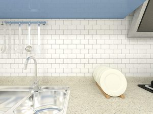 Furniture: 5-Sheet self-adhesive 3D tiles Peel and Stick Backsplash, 30cm x 30 cm. Subway 3D Wall Panels, Mono White with Gray Grout
