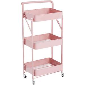 Kitchen Bathroom Storage Trolley Cart Foldable Pink